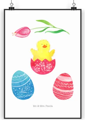 Produktbild von Mr. & Mrs. Panda Bild Küken Schlüpfen DIN A3 - Weiß - Geschenk, Liebe Grüße, Frohe Ostern, Ostereier, Ei, Ostergrüße, Kunstdruck, drucke, wanddeko, Wandbild, Plakat