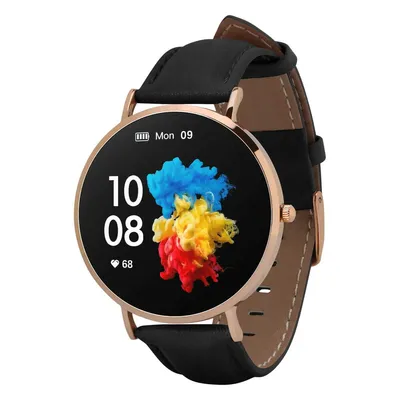 A smartwatch with a black leather strap and a gold-colored case is shown against a white background.