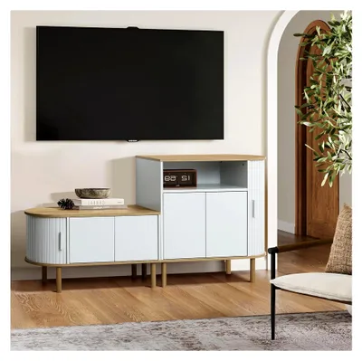 Produktbild von Skandinavisches Sideboard für das Wohnzimmer, 80 cm breit, Kommode in Weiß-Holzoptik mit 2 Türen, Rolltürfach und offenem Fach, auch als Vorratsschrank in der Küche nutzbar, für Esszimmer und Flur