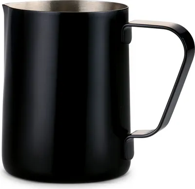 A black stainless steel milk frothing pitcher with a handle, shown against a white background.