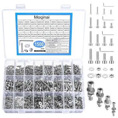 Produktbild von Schrauben Set 1500 Stück, M2 M3 M4 M5, Edelstahl 304, Zylinderschrauben mit Muttern und Unterlegscheiben, für
