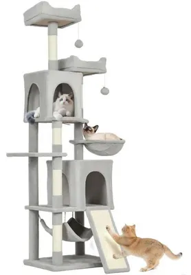 Zdjęcie produktu dla Drzewko dla kota Katzenbaum: Wieża do wspinaczki – wysokość 177 cm – 3 platformy – 2 kryjówki – 2 miejsca do leżenia – 2 hamaki – drabinka – kolor khaki