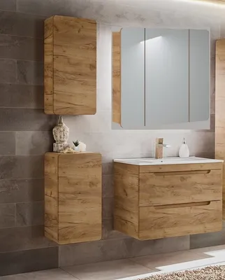 Produktbild von Badmöbel Set ARUBA EICHE-S 80 cm mit Keramikwaschbecken SOFT-CLOSE MATT Waschtisch Spiegelschrank Hängeschrank Unterschrank