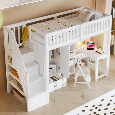 Image de OKWISH Lit Superposé 90x200 cm - Lit Enfant avec Escalier de Rangement et Bureau Intégré, Armoire et Tiroirs - Bois + MDF + Contreplaqué - Blanc