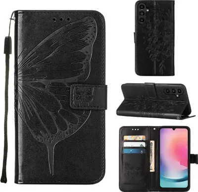 Produktbild von Lederhülle für Samsung Galaxy A05S Schmetterling Prägung Flip Ledertasche Kartenfächer Handyhülle mit Ständer Schwarz