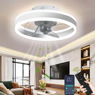 A modern living room with a ceiling fan and light fixture, a TV, a sofa, and a coffee table.