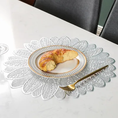 Immagine prodotto di 6 pezzi Tovagliette girasole, resistenti al calore, vinile pressato, tovagliette, antiscivolo, tovagliette rotonde per la decorazione della casa, accento di nozze, argento, 39CM, 6