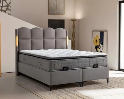 Produktbild von Graues Bett mit Matratze aus Textil und Holz, modernes Design