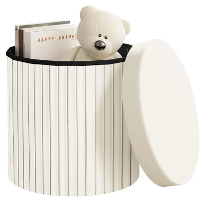 Image de Pouf rond - Tabouret de rangement avec couvercle rembourré amovible - Pliable - Revêtement en tissu - Structure en bois - 38 x 38 x 36 cm - Couleur crème