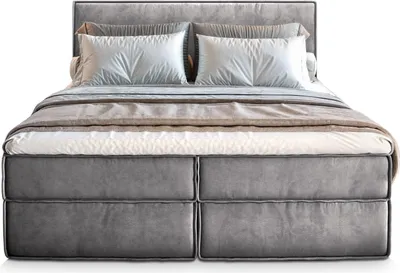 Produktbild von Masseno Boxspringbett PELLIO 160x200 cm Komplett-Set mit Bonell Matratze und Topper, Polsterbett mit Bettkästen -Hellgrau, MONOLITH 84