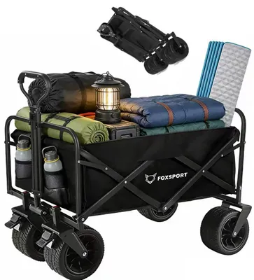 Produktbild von FOXSPORT Bollerwagen Faltbar, Handwagen bis 100kg belastbar, mit verstellbarer Griff, Gartenwagen für Strand, Garten, Einkäufe, 94 x 58 x 59CM,Schwarz