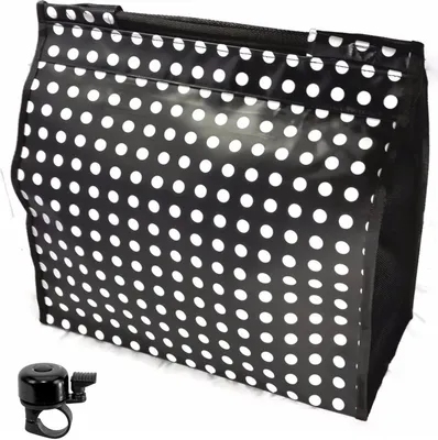 Zdjęcie produktu dla Bagażnik rowerowy – boczna torba czarna w kropki 13 mm wraz z dzwonkiem rowerowym