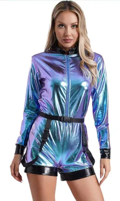A woman wearing a metallic jumpsuit.