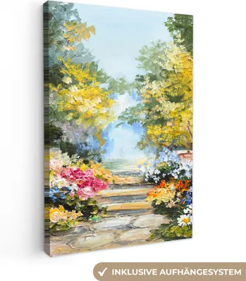 Produktbild von MuchoWow® - Leinwandbilder - Malerei - Blumen - Natur - Ölfarbe, Wandbild, Wanddeko Bilder Wohnzimmer, 80x120 cm