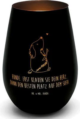Produktbild von Mr. & Mrs. Panda Kerzenhalter Hund Liebe - Schwarz - Geschenk, Sprüche, Windlicht Gold, Glas, Teelichthalter, Laterne, Herz, Hunde