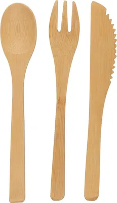 Produktbild von Bambus Besteck Set im Baumwolletui mit Gabel, Messer und Löffel