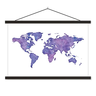 Produktbild von MuchoWow® Textilposter Weltkarte - Aquarell - Violett 90x60 cm mit schwarzem Rahmen - Aufhängungssatz