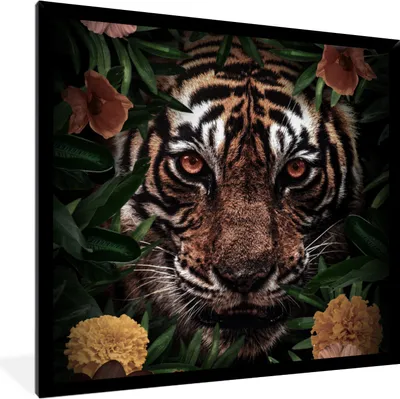 Produktbild von MuchoWow® MuchoWow® Gerahmtes Poster Tiger - Dschungel - Blumen 40x40 cm - Poster mit zchwarzem Bilderrahmen - Mit Rahmen - Wanddekoration Schlafzimmer