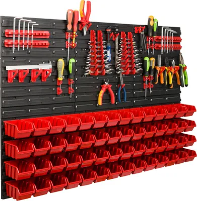 Immagine prodotto di Sistema di stoccaggio Scaffale da officina | 117 x 78 cm | 56 pezzi. Scatola | Scaffale a muro con supporti per utensili e contenitori impilabili - Pannelli a muro Scaffale extra forte Scaffale portautensili Scaffale da officina Scaffale da garage