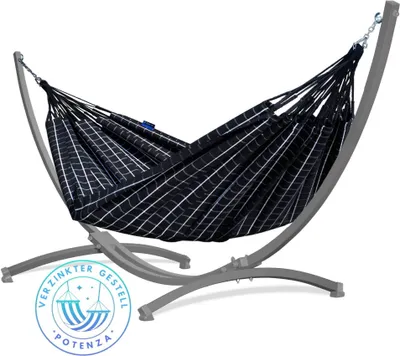 Produktbild von Potenza Outdoor Hängematte mit Verzinkter Gestell für 2 Personen I 100% Baumwolle Catargo Doppelhängematte XXL 220x160, 220kg I Grau Hängemattengestell 220kg, wetterfest