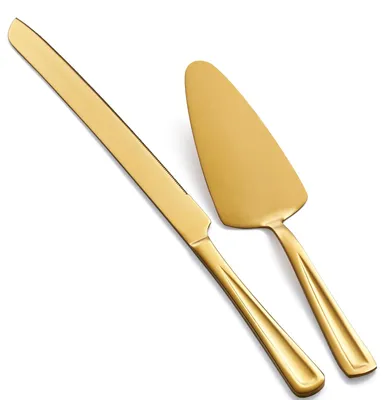 Image de Ensemble de couverts pour gâteaux - Couteau à gâteau et serveur à gâteaux en acier inoxydable - 33 cm - Or