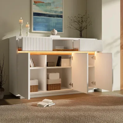 Produktbild von Flieks Kommode Wohnzimmerschrank mit Led, Sideboard mit 2 Schubladen und 3 Türen, Anrichte Küchenschrank mit verstellbaren Einlegeböden, Weiß
