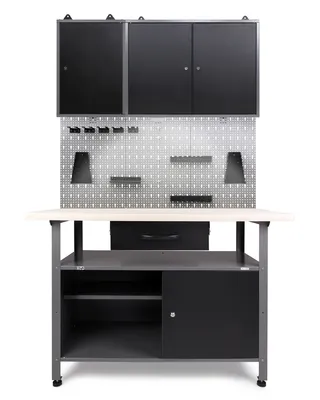 Produktbild von Ondis24 Metall Werkstatt Set 120 cm "Klaus" Werkbank  + 2 Schränke LED Arbeitshöhe 85 cm abschließbar höhenverstellbare Füße Arbeitsplatte Holz Werkstatteinrichtung Packtisch Werktisch Werkstatttisch Montagewerkbank Hängeschrank Werkzeugschrank Werkstattschrank Werkzeugwand Werkstattwand Werkzeughalter Lochblech