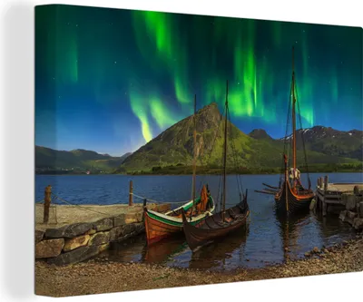 Produktbild von OneMillionCanvasses® - Leinwandbilder - 140x90 cm, Wikingerschiffe unter den Nordlichtern in Norwegen, Wandbilder Kunstdruck Wanddekoration