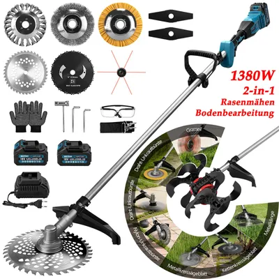 Produktbild von 9in1 Akku Rasentrimmer 1380W mit Tiefpflugrad, 2x4000mAh Akkus, Bürstenloser Motor, Elektro Freischneider Motorsense für Garten Bauernhof Stadtgrün