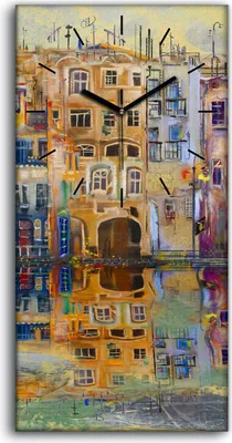 Produktbild von Wandkunst Leinwand Bild Uhr 30x60 Malerei Abstrakte Stadt Gebäude Wasser - schwarze Hände