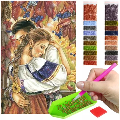 Zdjęcie produktu dla Haft diamentowy ARTULIO - Para w jesiennym stroju ludowym - 60 x 40 cm - Diamond painting, Kompletny zestaw: mozaika + akcesoria