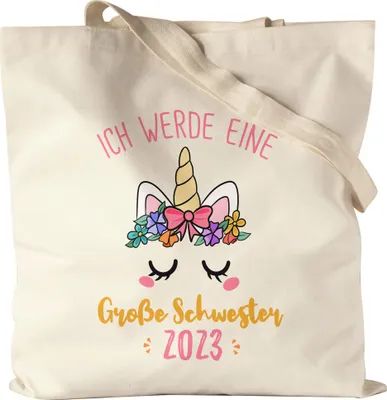 Produktbild von Ich werde Große Schwester 2023 Jutebeutel Stoffbeutel Canvas Schwangerschaft Verkündung Geburt Big Sister Geschenk Einhorn