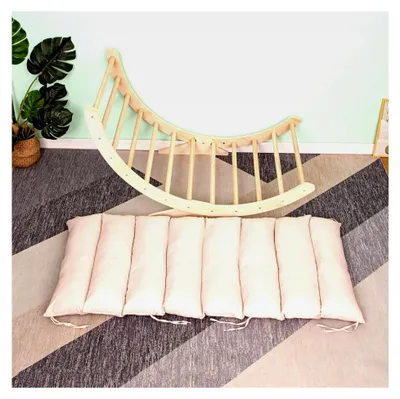 Produktbild von XXL Montessori-Kletterbogen mit Kissen und stabilen Beinen – Holz-Klettergerüst – 124x65x42 cm – Natur