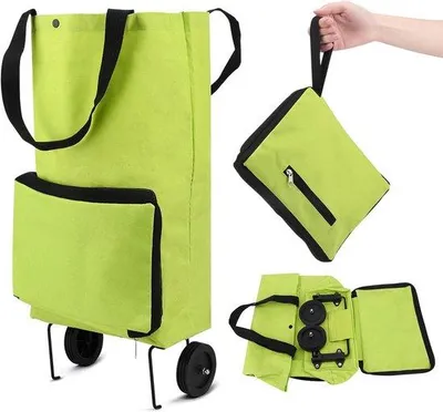 Image de Chariot de grande capacité - 47 x 18 x 28 cm - Sac de courses pliable et amovible - Pliable - Acier inoxydable - Chariot de courses à roulettes - Résistant aux intempéries - Vert