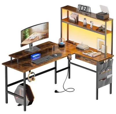Image de Bureau de jeu en forme de L - Bureau d'angle - 150 x 74 cm - Réversible - Avec prise électrique, étagère et support pour moniteur - Marron