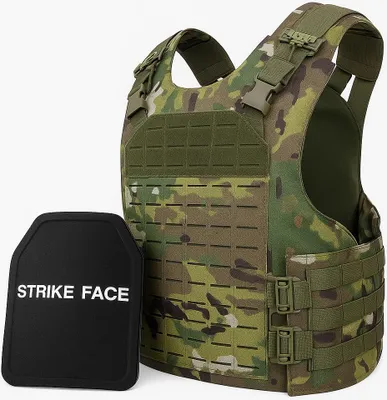 Zdjęcie produktu dla Regulowany zestaw kamizelka taktyczna + 2 płyty balistyczne NIJ IV, Linovit®, do airsoftu, paintballu, strzelectwa, outdooru, myślistwa, materiał 1000D Oxford, system MOLLE, odporny na pociski przeciwpancerne 7,62 x 63 mm M2 AP, kamuflaż khaki