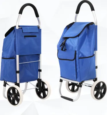Two views of a blue shopping trolley with a silver frame and black wheels.