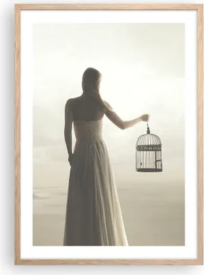 Produktbild von Gerahmtes Poster - Rahmen in heller Eiche - Frau Käfig Vogel - 50x70 cm - Wand Bild - Wanddeko - Wandbilder - Kunstposter - Wandposter - Bilderrahmen - Bilder - Kunstdruck - P2NPA50x70-4787