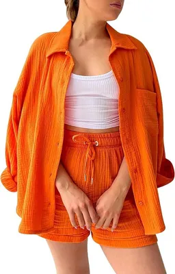 Produktbild von Musselin Baumwoll-Zweiteiler für Damen - Leichtes Sommerhemd und Shorts - Lässiges und Schickes Strand-Outfit - Bequemes Freizeitset für Frauen