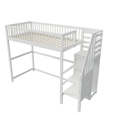 Produktbild von Hochbett 90x200 mit Treppe, weißes Kinderbett aus Holz mit Aufbewahrungsregal, einfacher Kleiderschrank