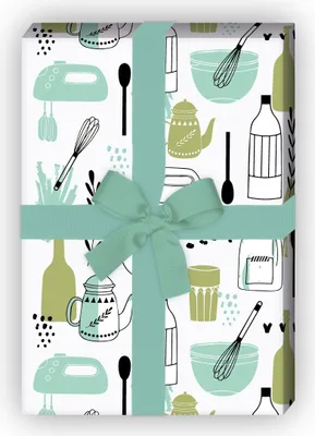Produktbild von Grünes Retro Küchen Geschenkpapier mit Vintage Koch & Back Utensilien - G12329, 32 x 48cm
