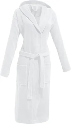 A white hooded bathrobe is shown against a white background.