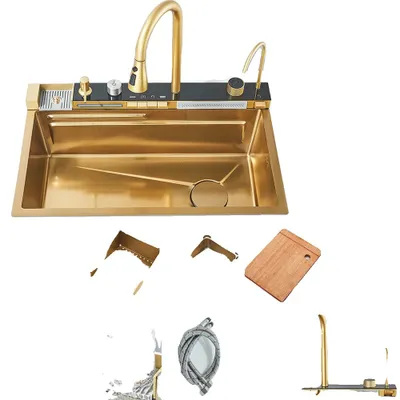Produktbild von Wasserfall-Spüle, Edelstahl, Einzelbecken, Aufsatzmontage, Gebürstetes Gold 75X45