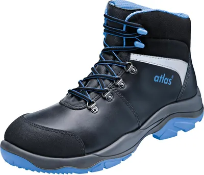 A single black work boot with blue accents, shown from a three-quarter side view against a white background.