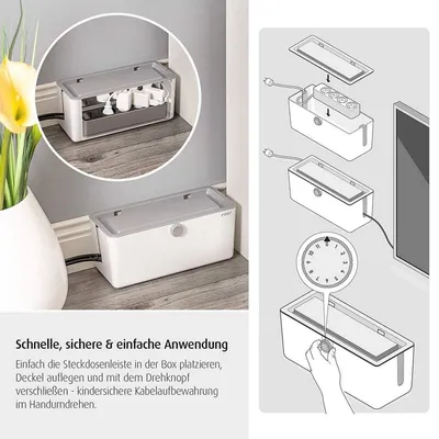 Produktbild von Reer 78020 CableGuard Kabelbox - Kindersicheres Kabelmanagement für Kabel und Mehrfachsteckdosen mit abschließbarer Box, weiß