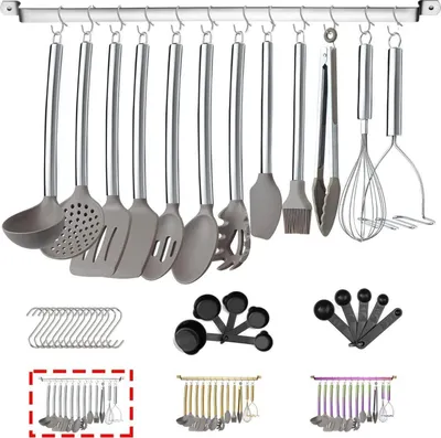 Image de set de 38 ustensiles de cuisine en silicone avec support pour ustensiles et poignée en acier inoxydable