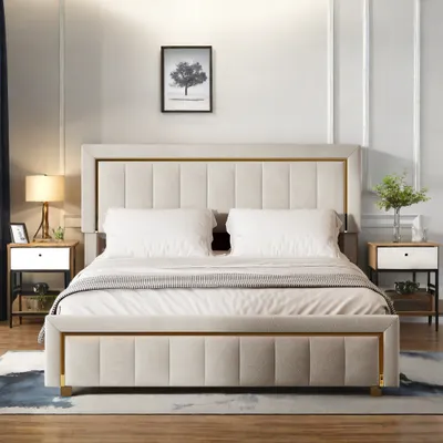 Obrázek produktu pro Čalouněná postel ProximaX, hydraulická postel 160x200 cm s roštem a úložným prostorem, manželská postel dřevěná postel pro mladé, Imitace kůže, béžová barva