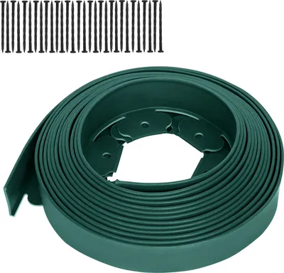 A roll of green plastic garden edging and a set of black stakes.