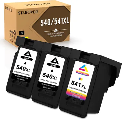 Three black ink cartridges and a product box are displayed against a white background.