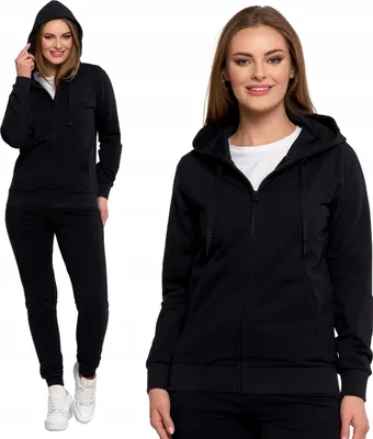 Produktbild von DAMEN-SWEATSHIRT Glatter Trainingsanzug mit Reißverschluss und Kapuze Schwarz Classic MORAJ M